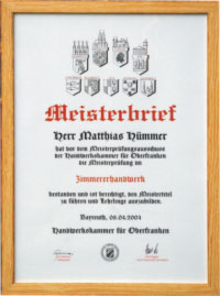 Meisterbrief im Zimmererhandwerk